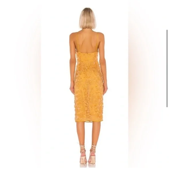 Lovers + Friends Saba fitted midi sheath dress embroidered goldenrod lace EUC! Lovers + Friends Saba fitted midi sheath dress embroidered goldenrod lace EUC!